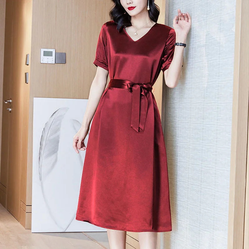 

Loose Smooth Satin Dress Women Solid Colors Lace Up High Waist Midi Dress Ladies Office Work Plus Size Bodycon Dress Summer