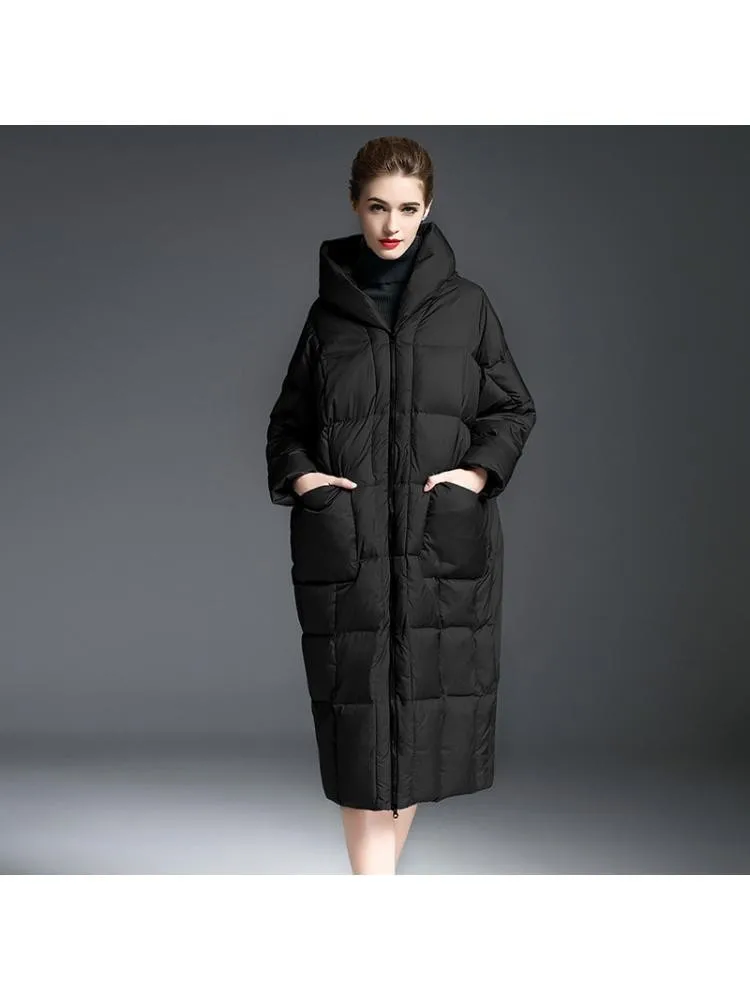 European Station High-Grade Long 90 White Duck Down Coats Women's 2022 Winter Hooded Loose Padded Warmer Bread Cloth Jackets