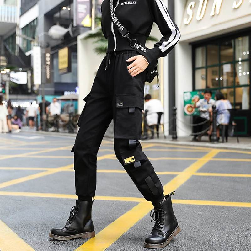Новые брюки-карго женские черные джоггеры с эластичным поясом брюки