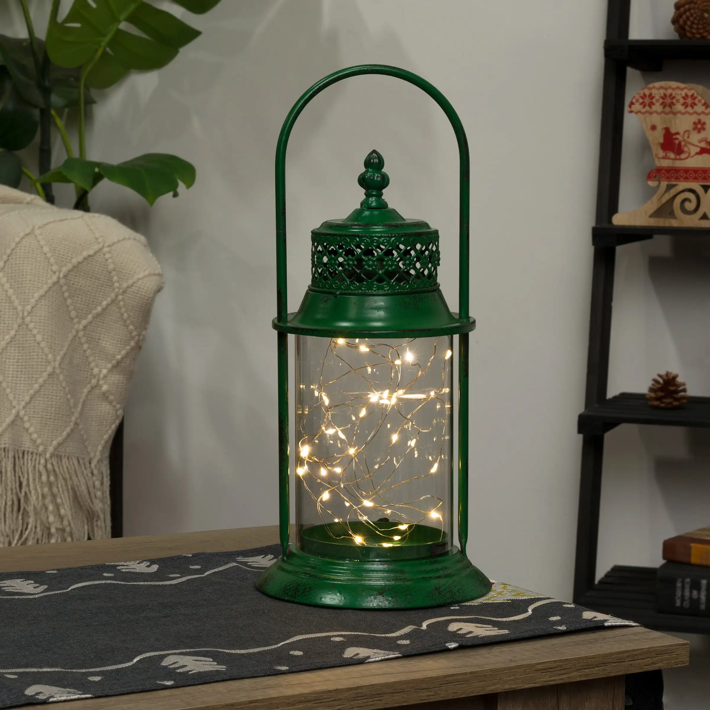 

6" x 15" Vintage Metal Holiday Lantern with Battery-Powered LED Lights, Green