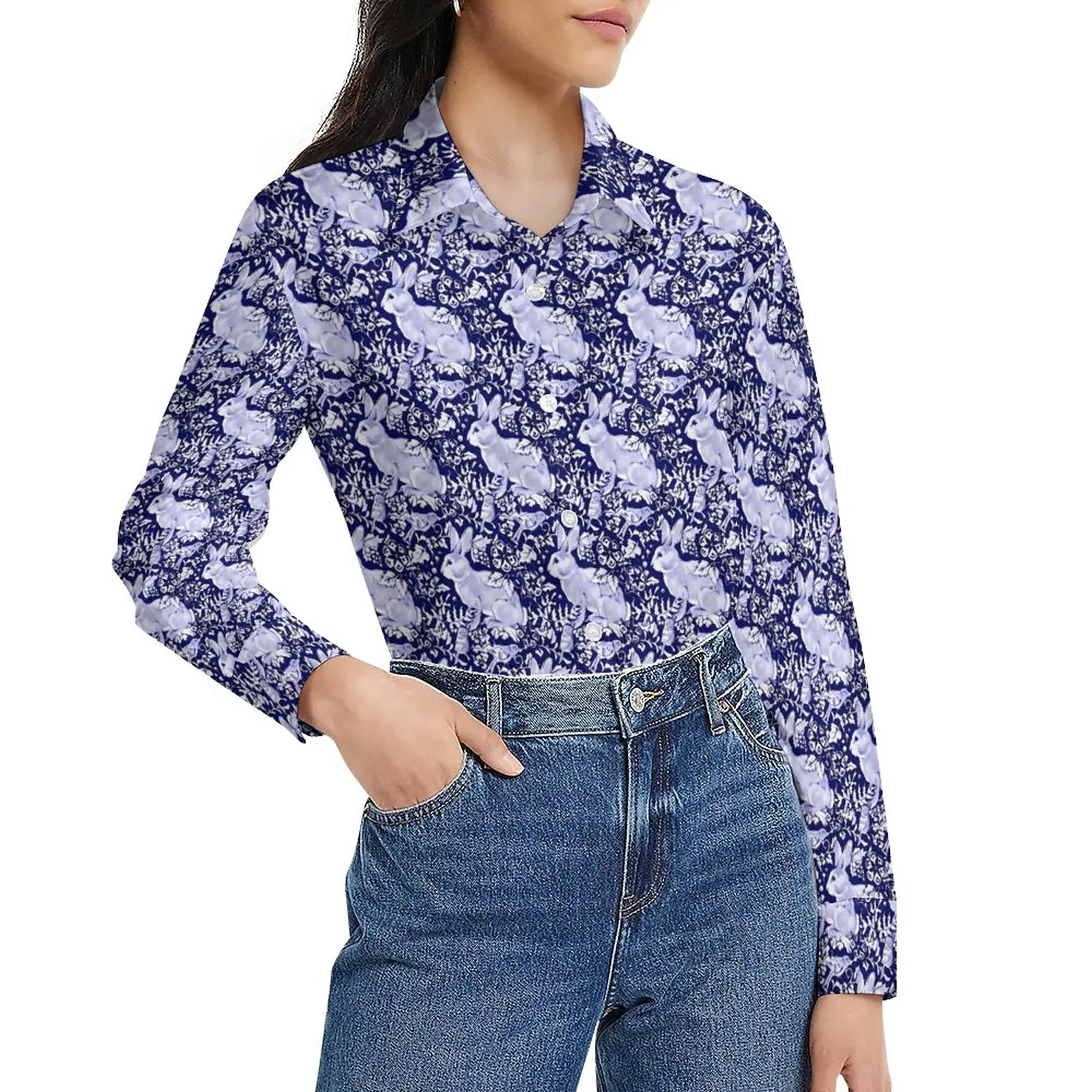

Cute Rabbit Blouse Woman Bird Floral Print Streetwear Loose Blouses Long Sleeve Cute Shirts Graphic Top Big Size 2XL 3XL