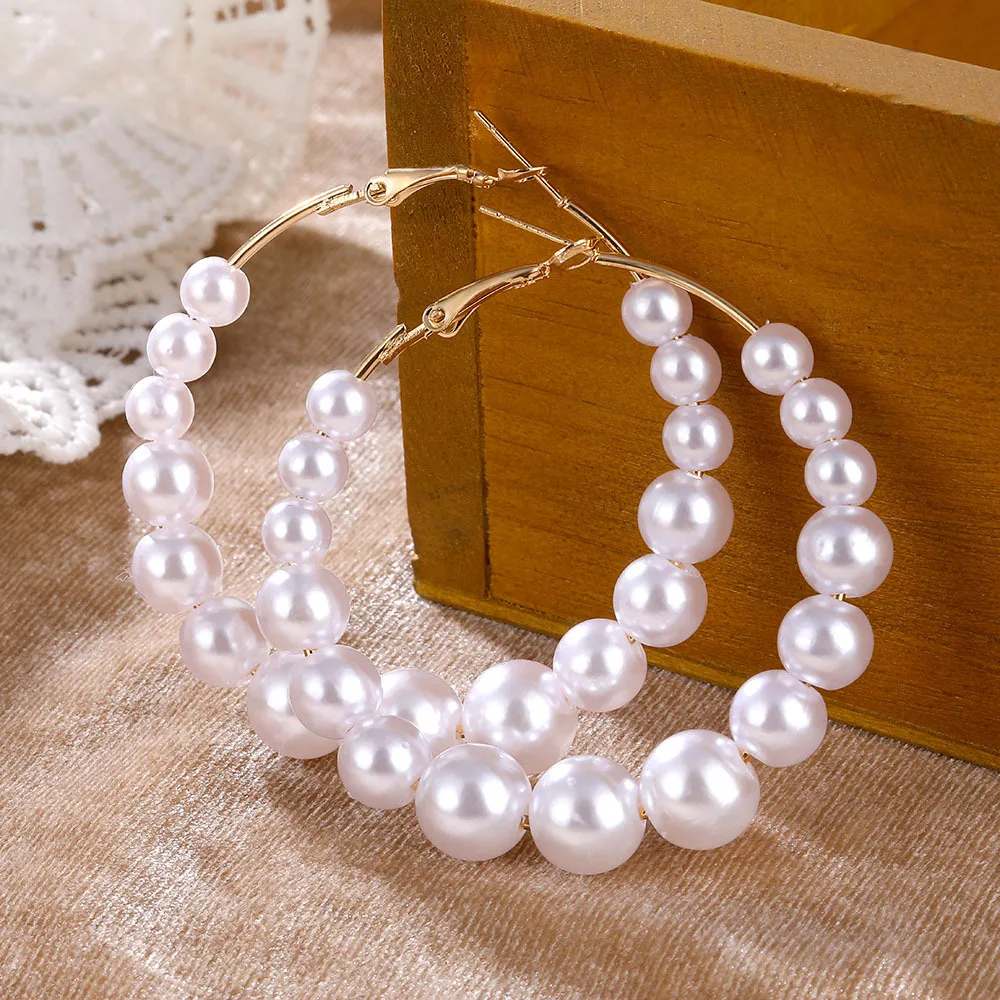 

Women's Imitation Pearl Circle Hoop Earrings Korean Fashion Gold Color Round White Pearl Big Ear Rings Wedding Jewelry Gift