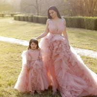 puffy sweet pink tulle shiny beaded 2022 birthday party dresses ruffles dressess mother and daughter flower girls for weddings