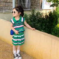 mila chou 2022 summer girls knitted sleeveless polo shirt pleated skirt 2pcs suit children casual striped green set kid outfit