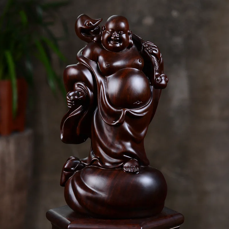 

Ebony Wood Carving Smiling Face Cloth Bag Ruyi Maitreya Buddha Ornaments Carving Auspicious Wooden Handicraft Gift Customization