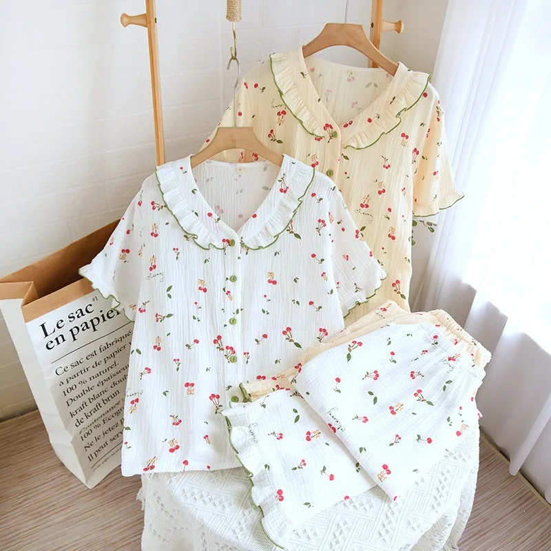 Crepe Pijamas Women Pyjamas Home Clothes Lace Collar Cardigan Sleepwear Short Sleeve Pajamas For Women Sweet Pijama Sets Cotton