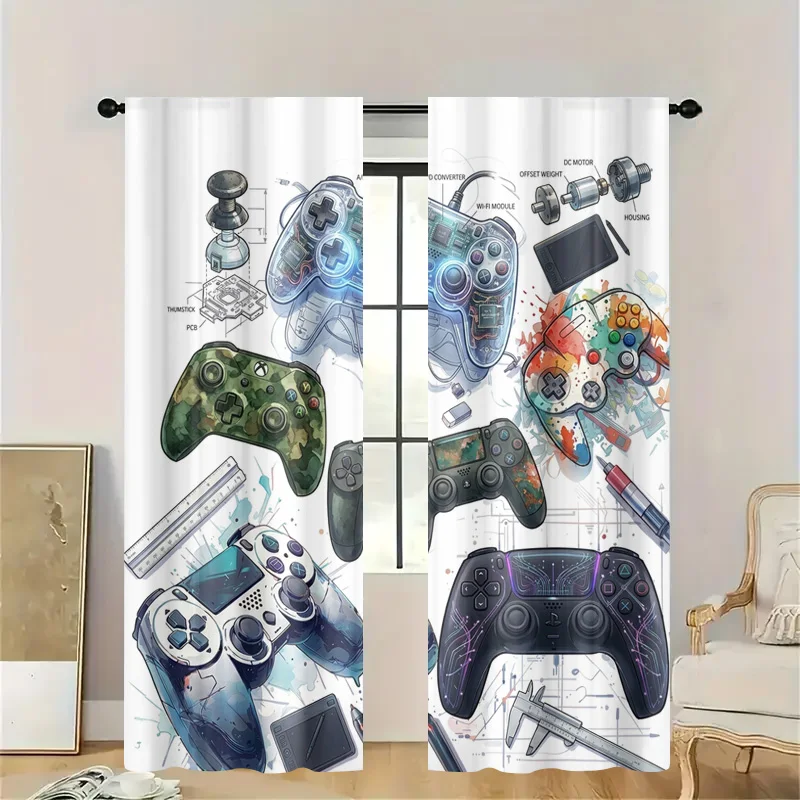 Фото Декоративные шторы для игровой комнаты с схемой контроллера Blueprint Game Controller, поп-арт для гиков, оконные занавески с платой PCB, техно-декор для стримеров №2