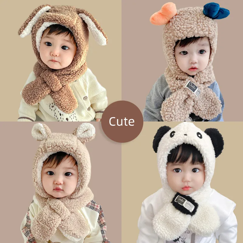 Baby Hat Scarf Set for Infant Baby Boy Girl Cute Cartoon Bear/bunny Ear Toddler Hat Scarf Plush Warm Beaine for 1-4 Year Kid