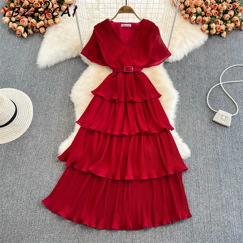 

Женское длинное пляжное платье, элегантное платье с V-образным вырезом и коротким рукавом, платье с оборками и эффектом качели, красное/зеле...