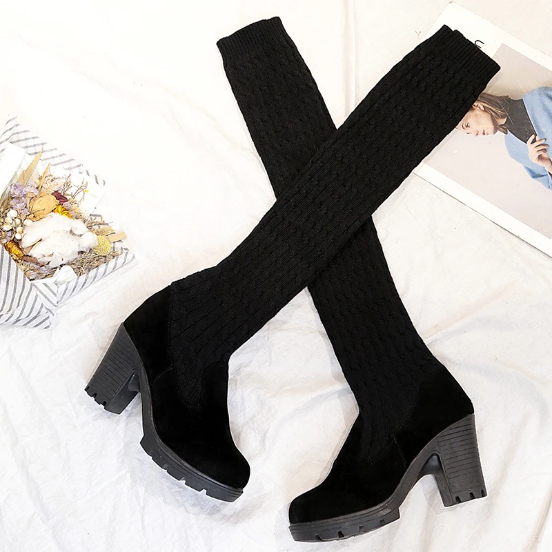 Knitting Stretch Overknee Boots Women Thigh High Boots Fashion Sexy Slim Black Shoes Woman Platform High Heel Boots Bottes Femme