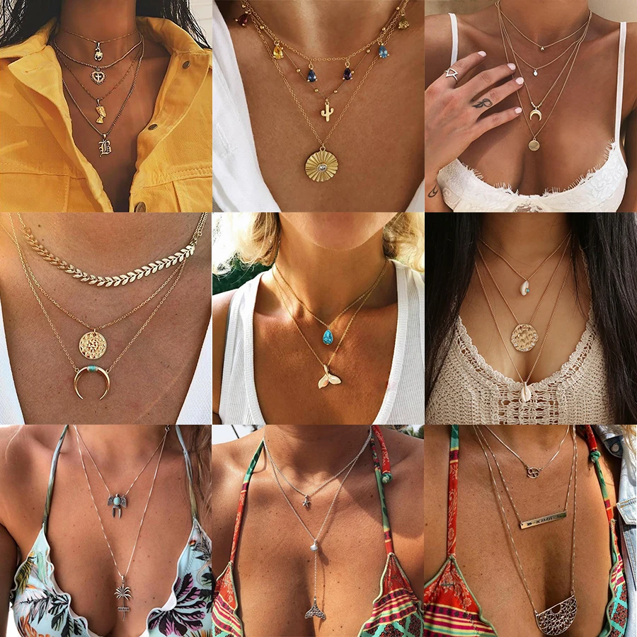 

2022 Hawaii Summer Bohemian Choker Necklace For Women Fashion Droop Fish Tail Moon Multilayer Fashion Neck Chain Girls Jewelry