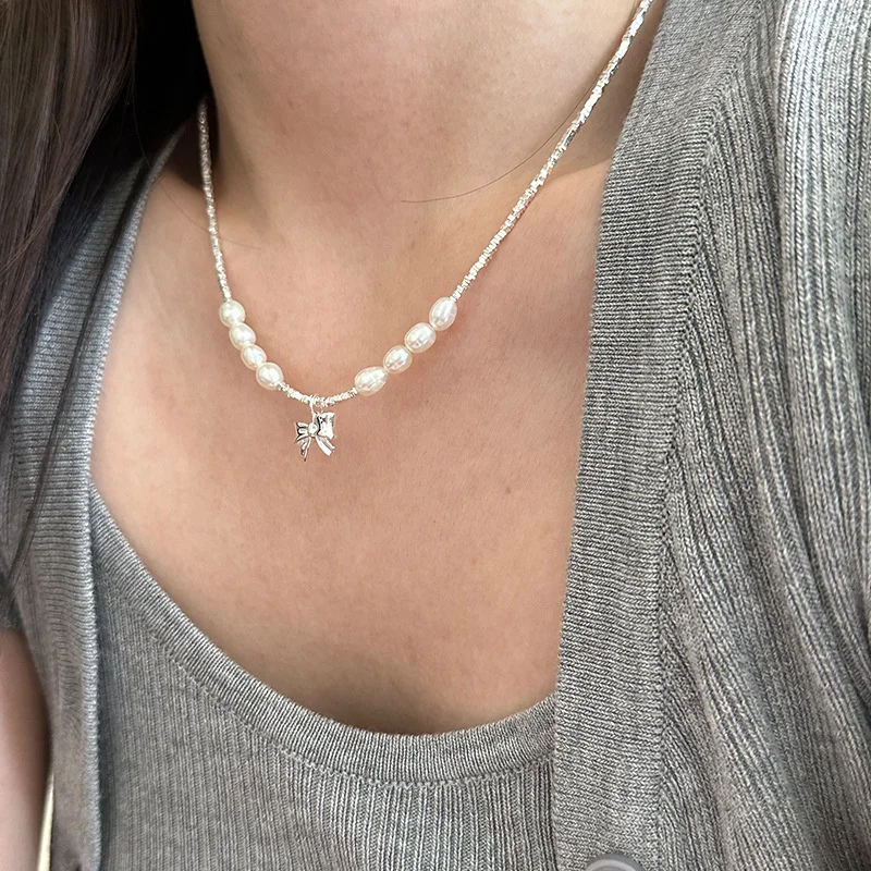 

925 Sterling Silver Natural Pearl Bow Knot Broken Necklace Female Sweet and Elegant Style Collar Chain N0659