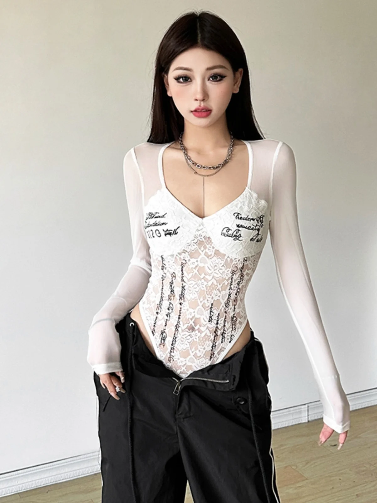 Sylcue Pure Desire Сексуальная кружевная рубашка с длинными рукавами и принтом Gyaru