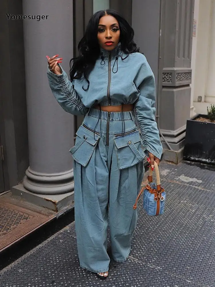 

Yomesuger Fashion Denim Two Piece Set Women Casual Short Jackets and Pockets Patchwork Wide Leg Pant Matched 2024 Street Outfits