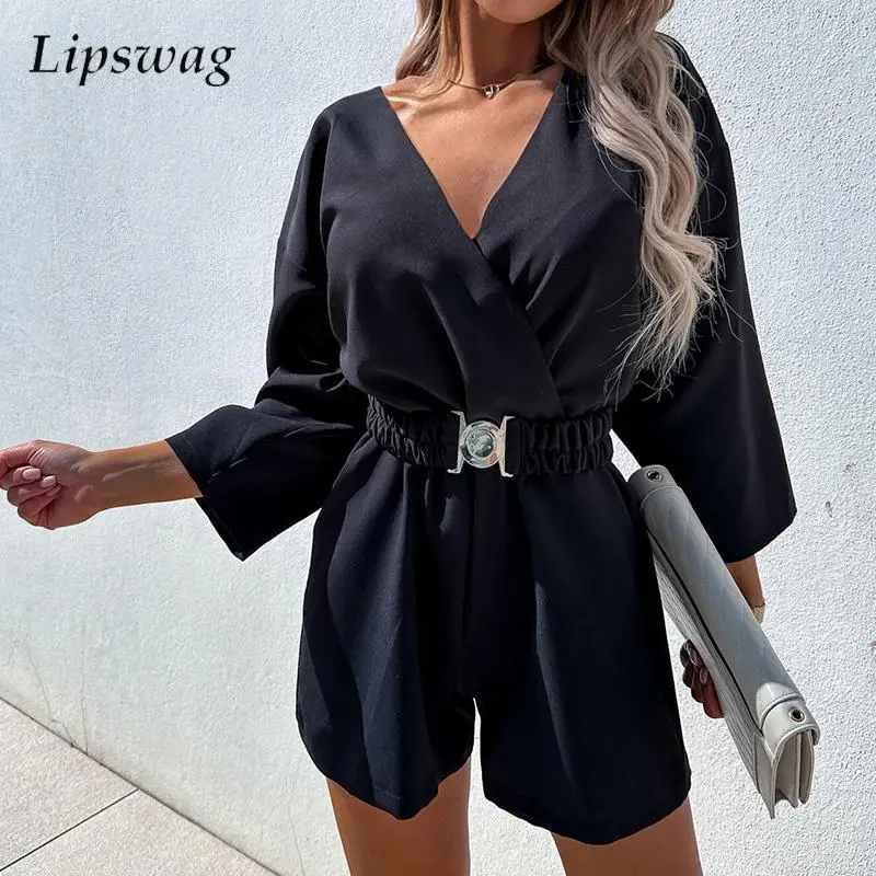 

Fashion 3/4 Sleeve Solid Color Office Bodysuit Rompers Elegant V Neck Women's Jumpsuit Summer Spring Waisted Belt Short Jumpsuit