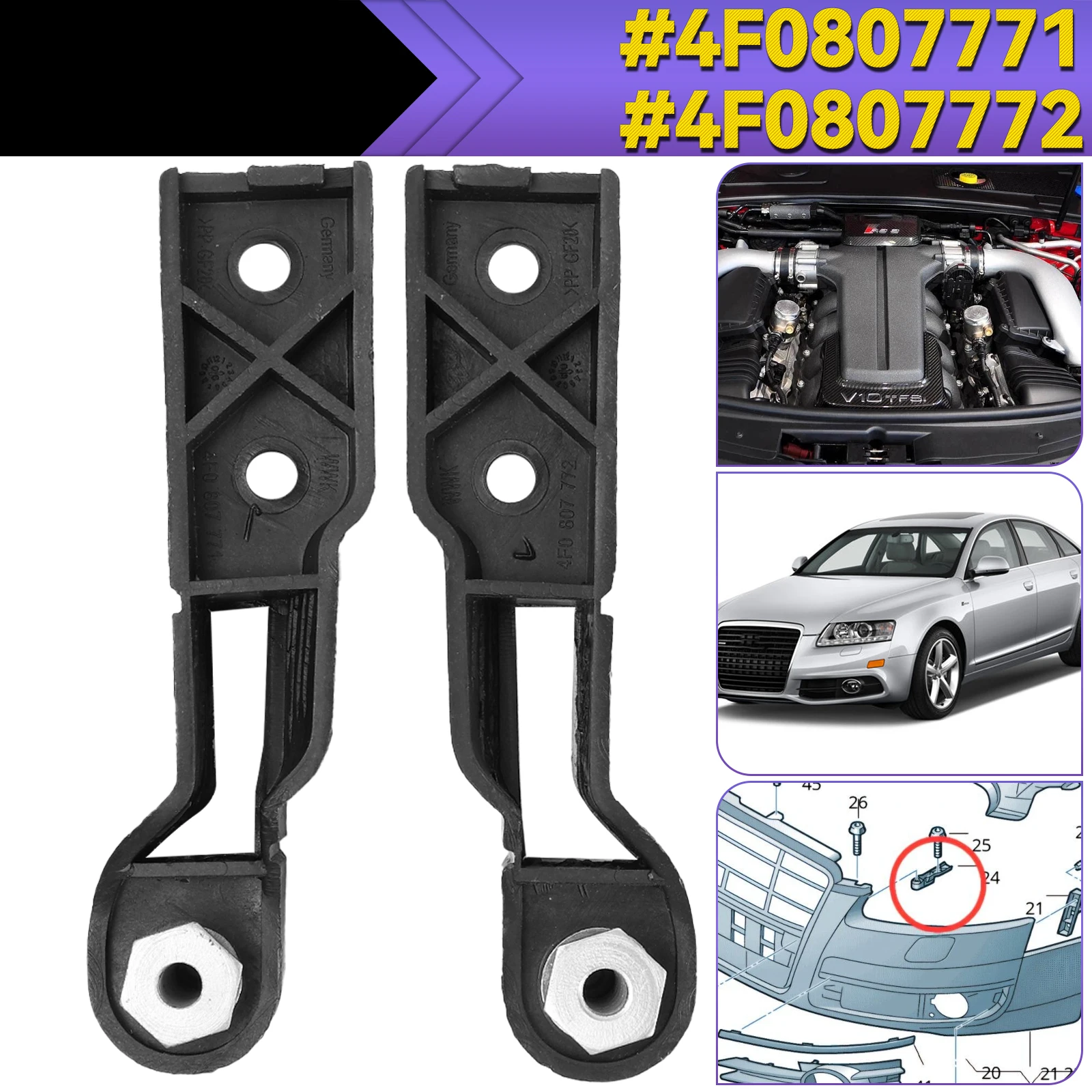 

4F0807771 4F0807772 Для Audi A6 Avant C6 RS6 A6 allroad quattro Левый Правый Бампер Гриль Держатель Монтажный Кронштейн Фиксатор Зажим 2 шт.