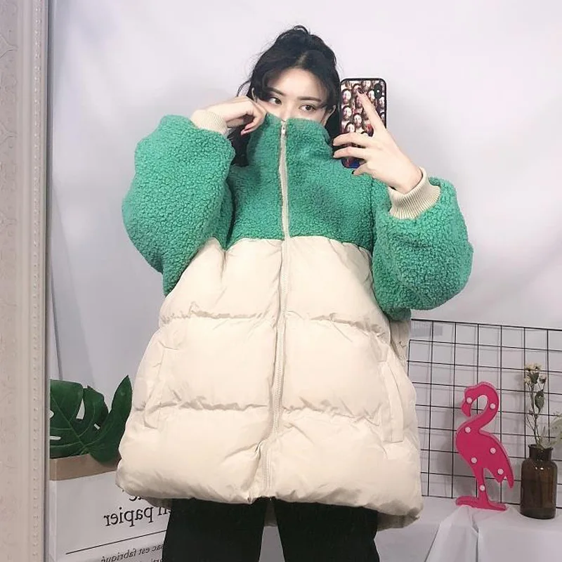 Winter Lamb Wool Stitching Loose Warm Cotton Clothes Korean Style Cotton Jacket Loose and Thin All-Match Cotton Clothes Women