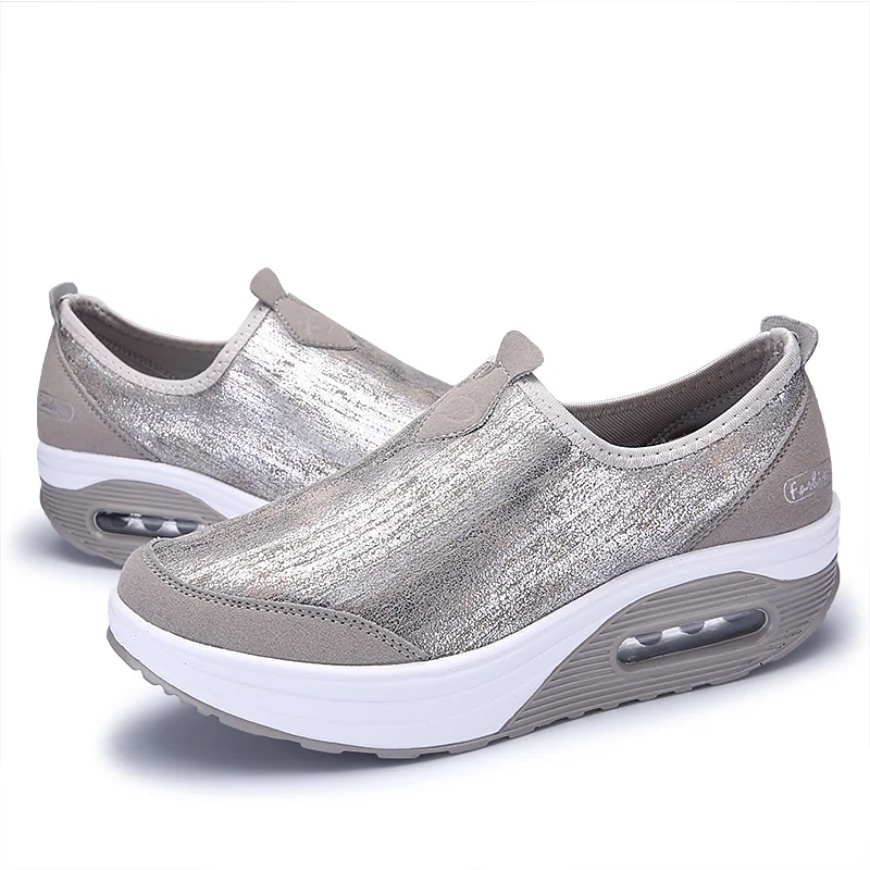Women Sports Shoes  Flat  Air Cushion Slope Heel PU Large Size Breathable Solid Color Thick Bottom Increasecasualshoes