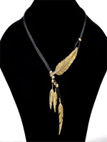 feather studded black leather rope multi layer tassel necklace
