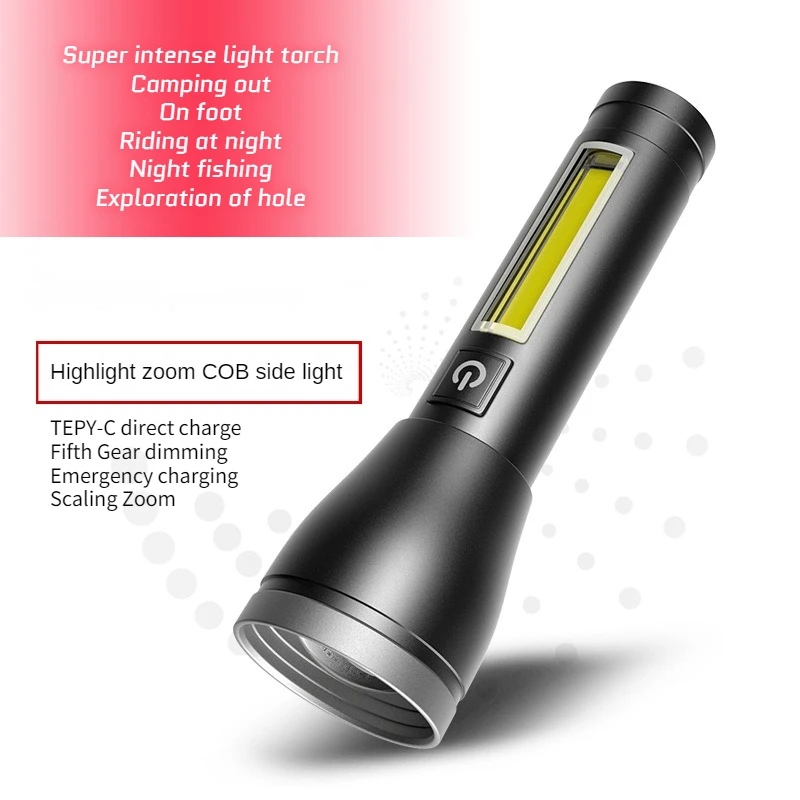 

USB Rechargeable Flashlight Camping Tactics Glare Torch Light High Power LED Flashlights Zoom Self Defense Torch COB Side Light