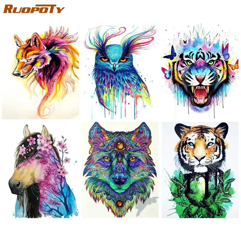 

RUOPOTY Classic Painting by number Diy Handmade With Frame Canvas Painting Animals Tiger Wolf Home Decorating Artwork