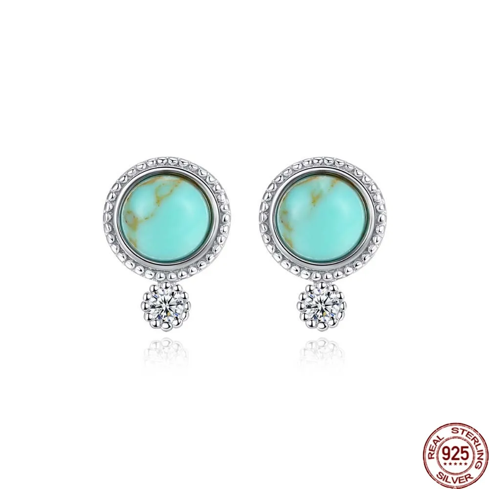

BABIQU Real 925 Sterling Silver Round Turquoise Stud Earrings for Women Fine Jewelry Brincos Joyeria Fina Para Mujer Gift Se0421