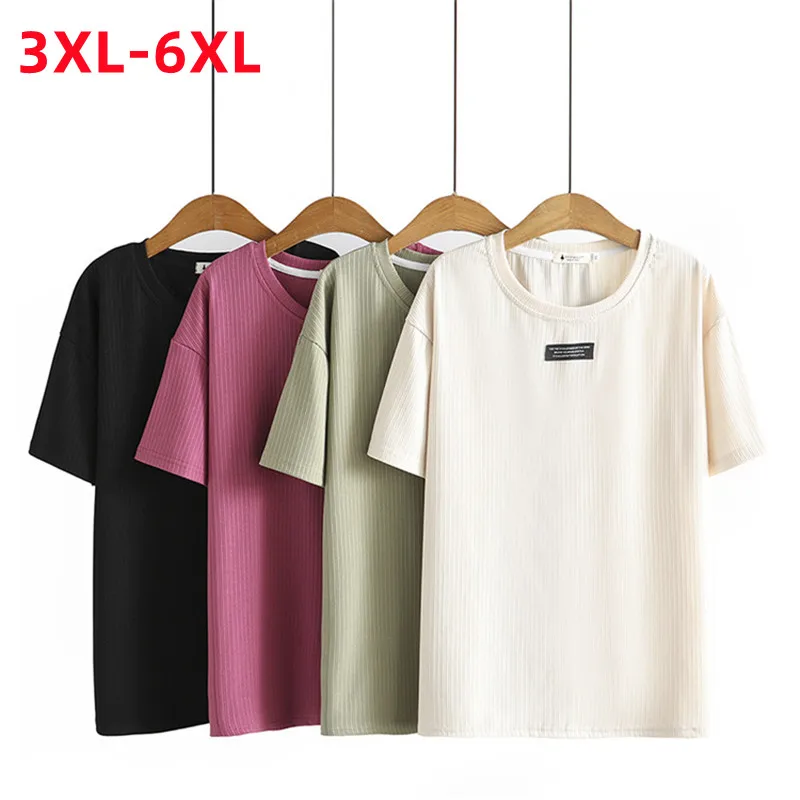 

New 2022 Ladies Summer Plus Size Tops For Women Large Size Short Sleeve Slim Elastic Cotton Green Beige T-Shirt 3XL 4XL 5XL 6XL