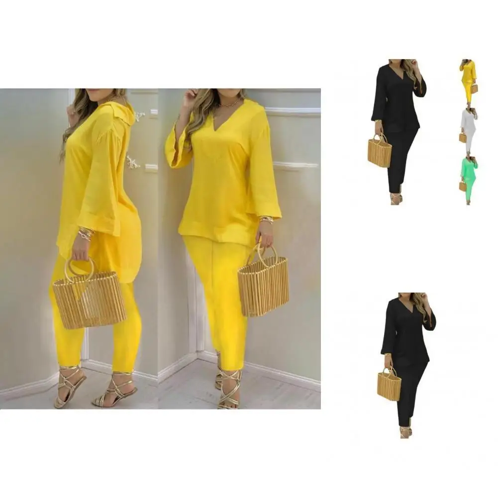 

Ladies 1 Set Simple Pure Color Loose-fitting T-shirt Pants Female Two Piece Set Long Sleeved for Office