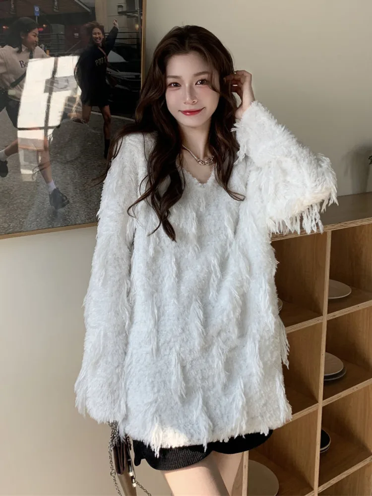 

Spring New Sweatshirt Women Fluffy Tassel Fairy White Solid Sweater Sweet Ladies Internet Celebrity Fashion Loose Casual Top
