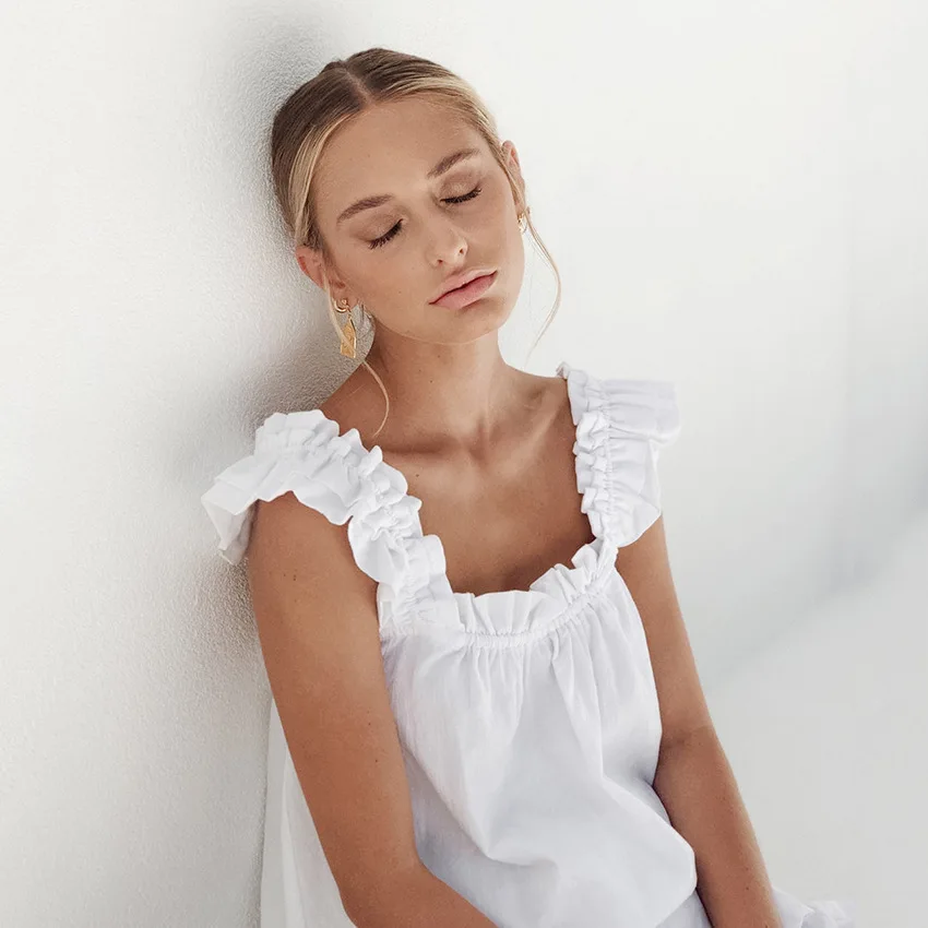 Women's Ruched New Sleepwear Cotton White Sleeveless Pajama Sexy Backless Summer Suit Solid Loose Nightwear 2022