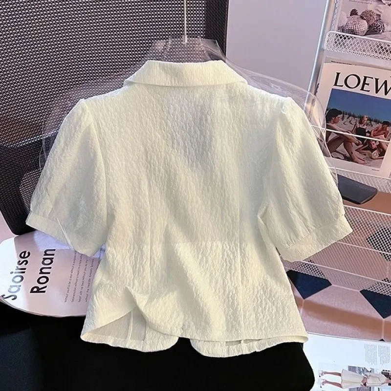 Petite Cropped Top Vintage Jacquard Short Sleeve Shirt Summer New Style Slimming Stylish Little Women's Button-Up