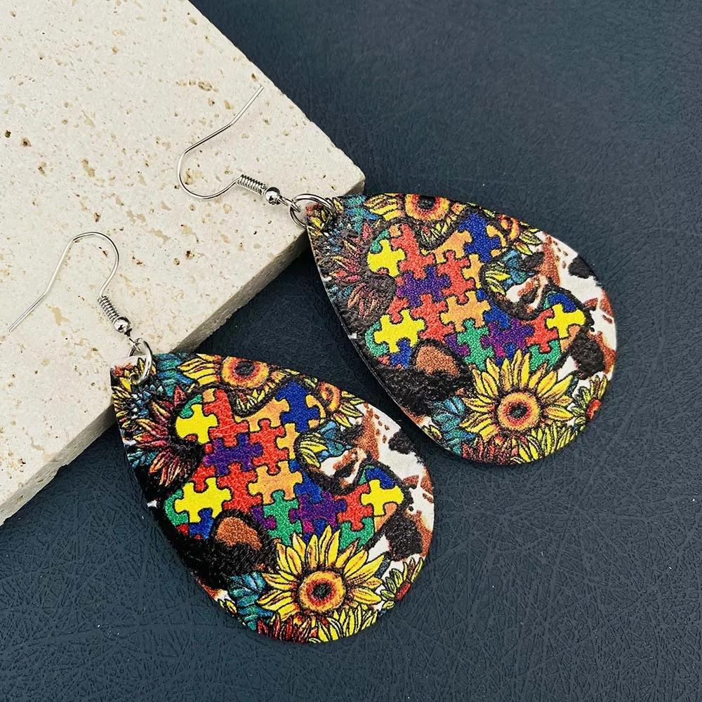 Patterns Teardrop Leather Earrings For Women Water Drop Fall School Teacher Jewelry