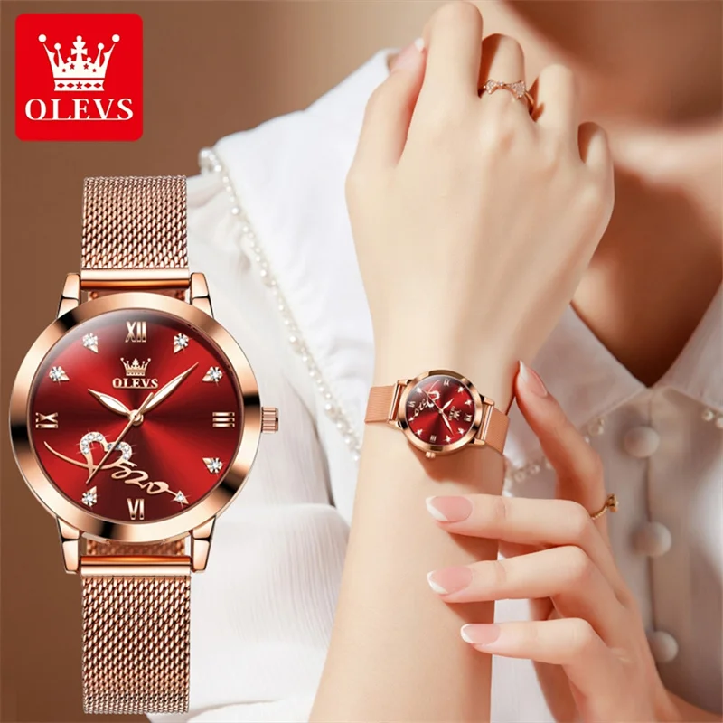 OLEVS Rose Gold Red Heart Dial Women Watches Luxury Watch For Women Fashion Casual Women's Bracelet Watches Waterproof Ladies enlarge