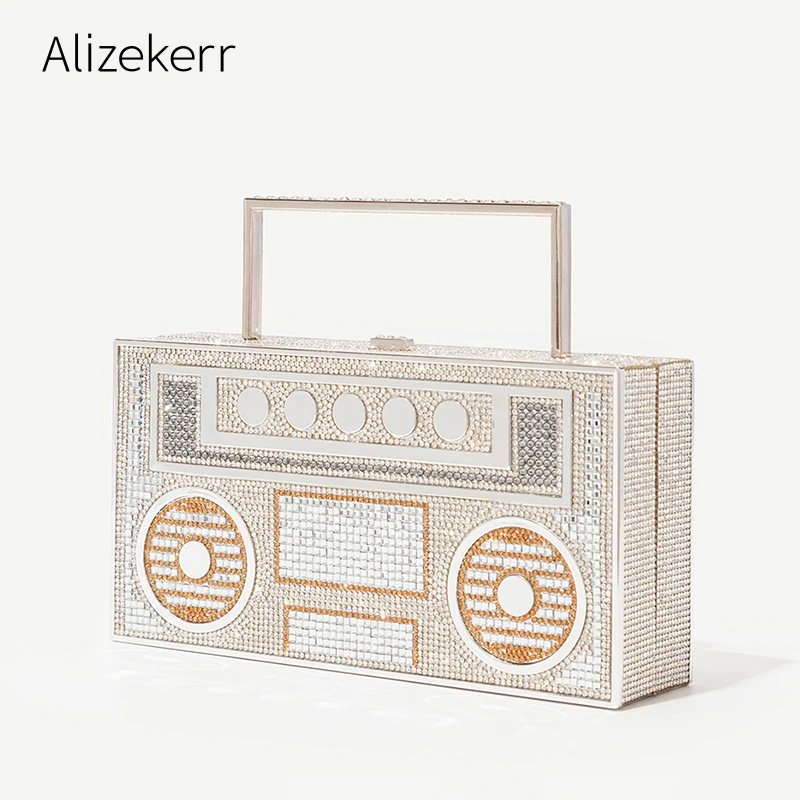 

Color Diamonds Radio Evening Clutch Bag Women 2022 New Bridal Wedding Metal Handle Shiny Rhinestone Purse And Handbags Designer
