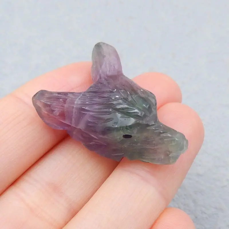 Natural Stone Rainbow Fluorite Handcarved Wolf Head Side Drilled Necklace Pendant 32x21x12mm 9g