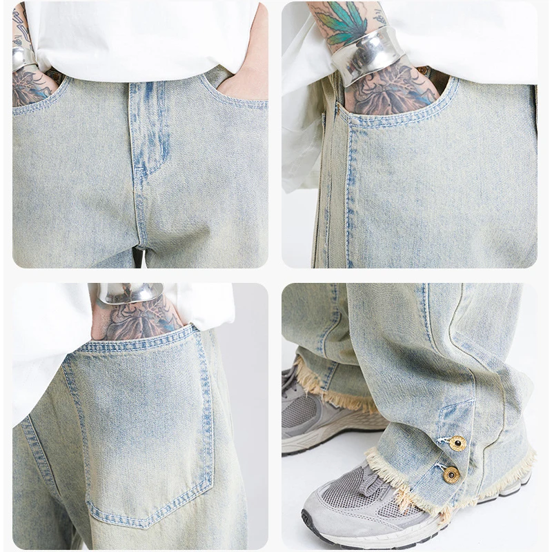 Men's Jeans High Street Hip Hop Frayed Breasted Straight Loose Jeans Y2k Pants Men Korean Fashion Streetwear Jeans Aestethic
