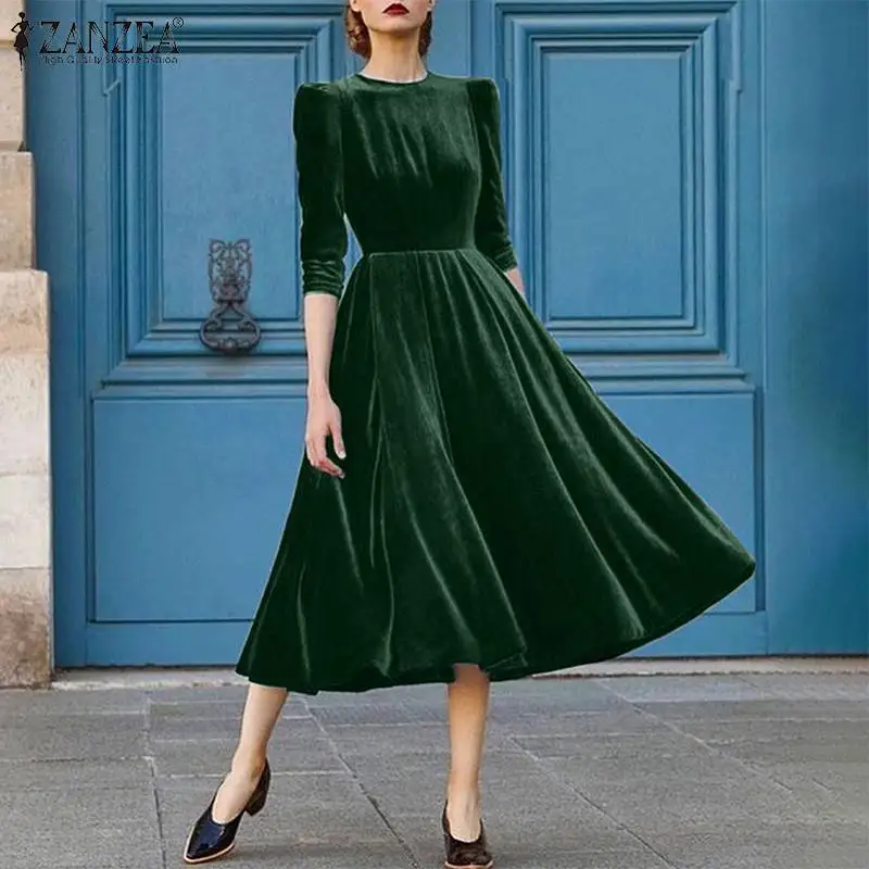 

ZANZEA French Elegant Midi Dress Spring Autumn Solid Velvets Robe Women Fashion A Line Vestidos Lady Holiday Long Sleeve Dresses