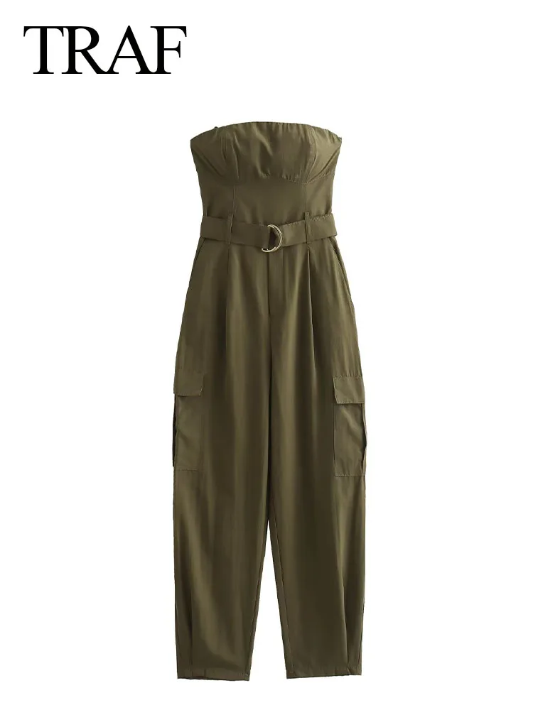 

TRAF 2023 Women Fashion Summer Casual Jumpsuit Solid Color Strapless Sleeveless Pockets Belt Zipper Female Streetwear Clothing