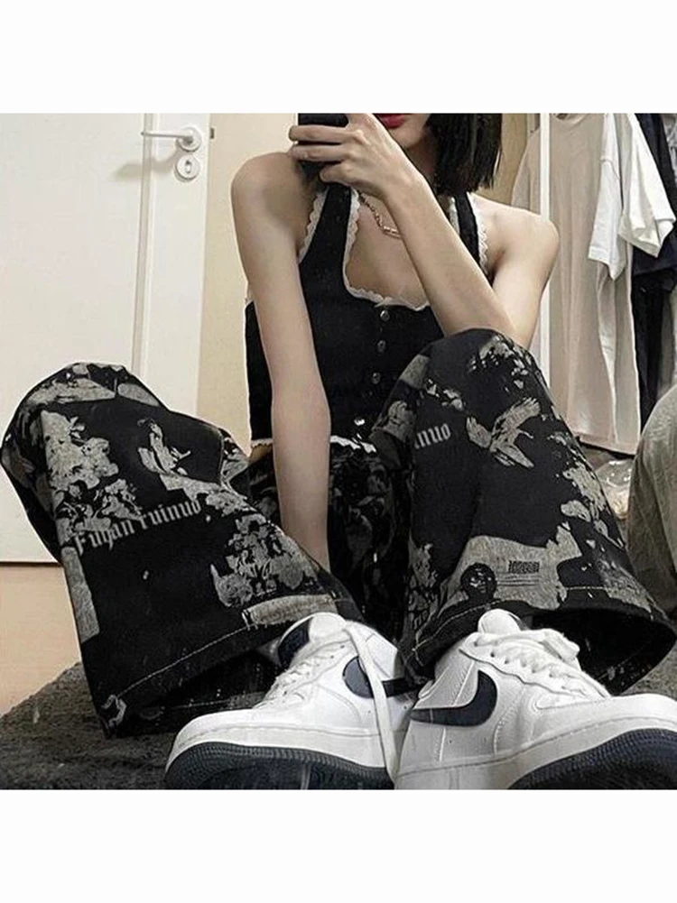 Прямые брюки в стиле кибер гетто женские джинсы с принтом Y2k гранж готические