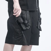 black techwear cargo streetwear shorts high street patchwork with ribbons loose short pants for male multi pockets