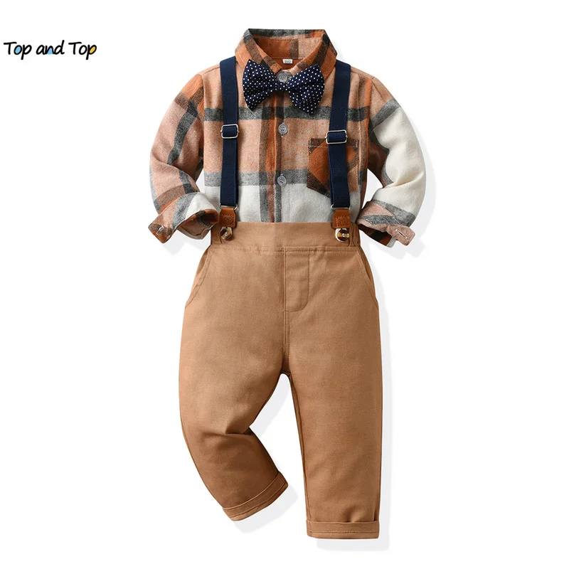 top and top 2023 Infant Baby Boys Gentleman Clothing Sets Long Sleeve Plaid Flannel Shirt with Bowtie+Overalls Formal Suits