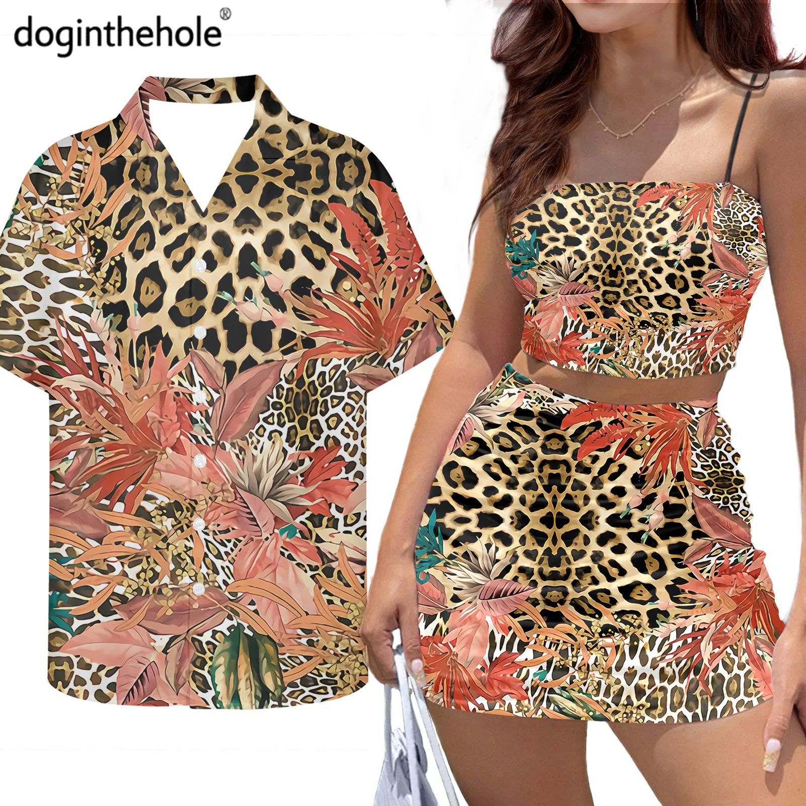 

Summer Women Sexy Bodycon Short Dress Outfits Men Shirts Fashion Leopard Print and Tropical Flowers Print Couples Match Clothing