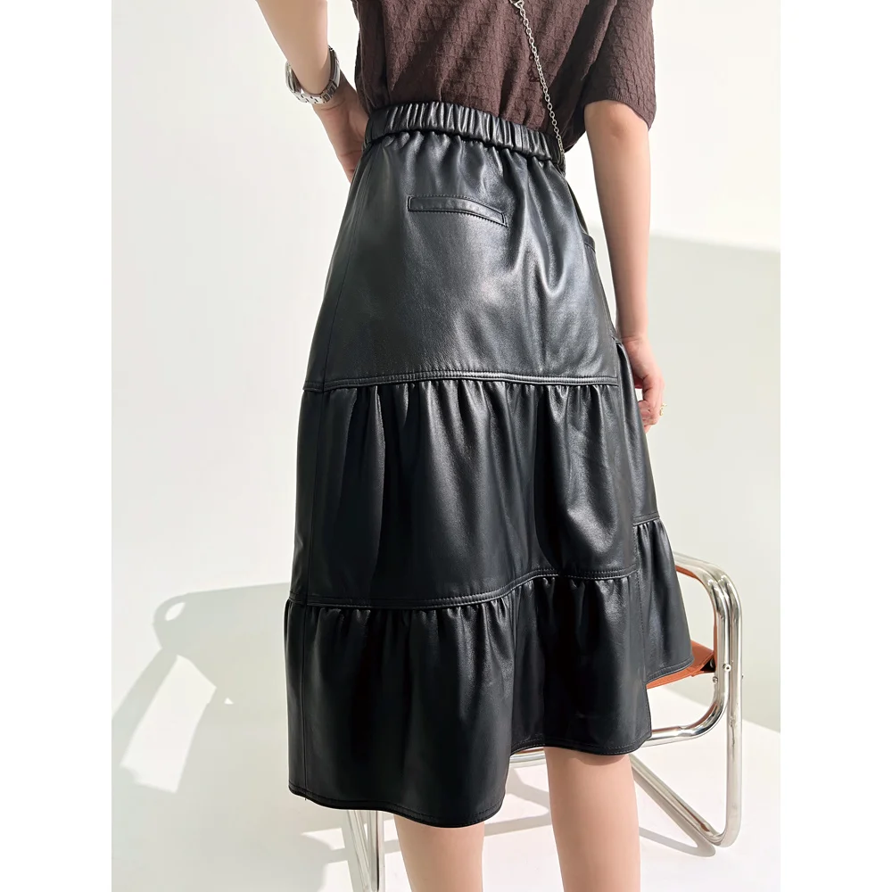 

Leather Cake Skirt Women Female Elegant Sweety Midi Calf Long Elastic Waist Tulle Rokken Mujer Party Black Irregular Falda Larga