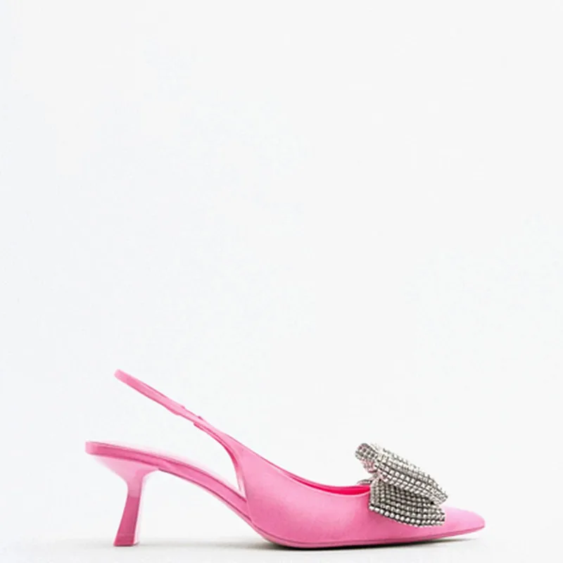 TRAF Pink Women High Heels Woman Pumps Heeled Sandals Fashion Bow Stiletto Slingback Pointe Weddings Bridal Shoes Ladies Shoes