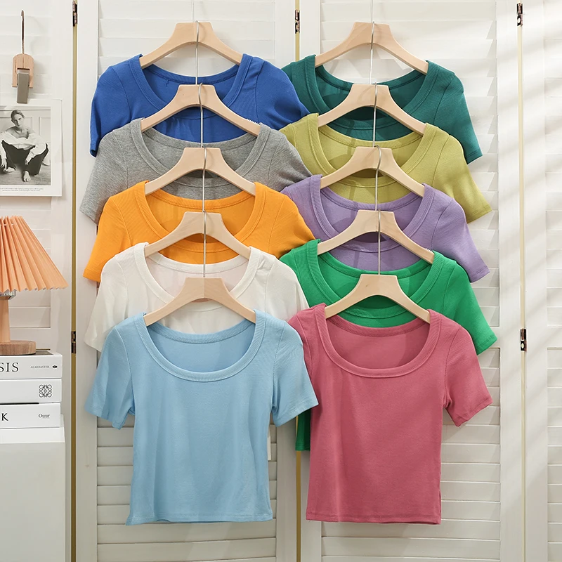

Candy-colored short-sleeved t-shirt women Topss slim fit stretchy T-shirts women's summer solid color casual short t-shirt tees