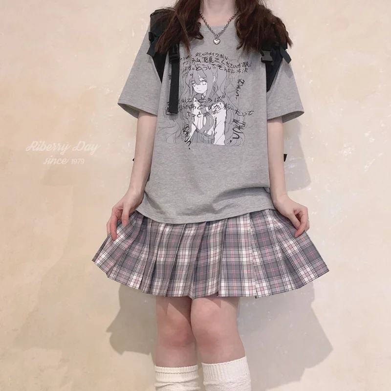 

MINGLIUSILI Summer Anime Print T Shirt for Women Girls Cotton Short Sleeve Fashion Japanese Top Casual Oversize Clothing
