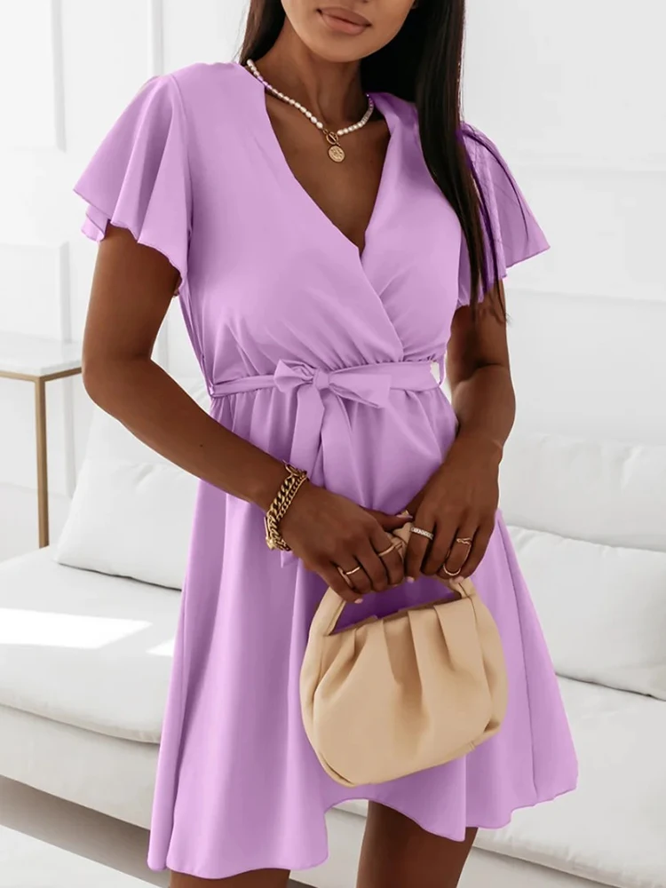 

Summer Women Fashion Solid Color Office Mini Dress Elegant Short Sleeve Ruffle V Neck Dress Sweet Lace Up Versatile A-Line Dress