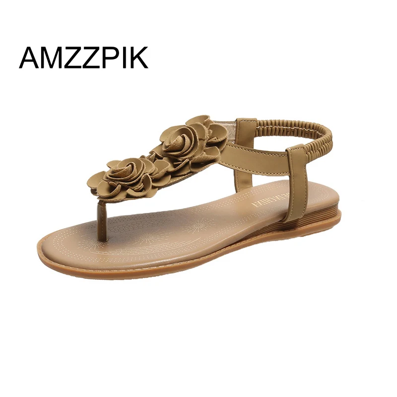 

Женские босоножки на плоской подошве, однотонные пляжные сандалии с цветочным дизайном, повседневные шлепанцы с эластичным ремешком, лето ...