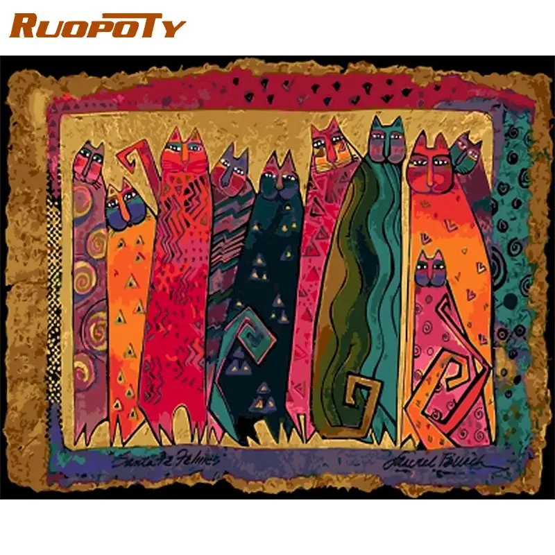 

RUOPOTY Oil Painting By Number Abstract Cat Wall Art DIY Frame Picture By Numbers Animals Acrylic On Canvas For Decoration