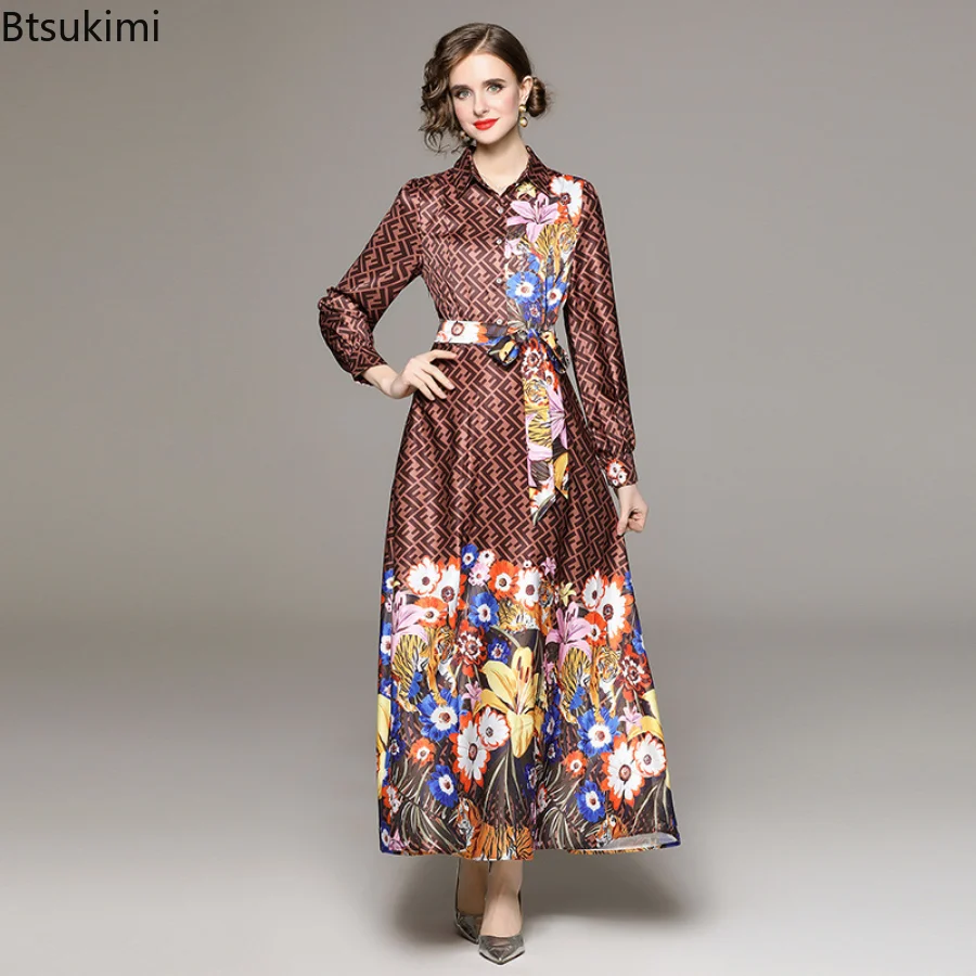 2023 Women's Muslim Abaya Long Dress Fashion and Temperament Long Sleeve High  Waist Printing Dress with Lace Up Belt Vestidos